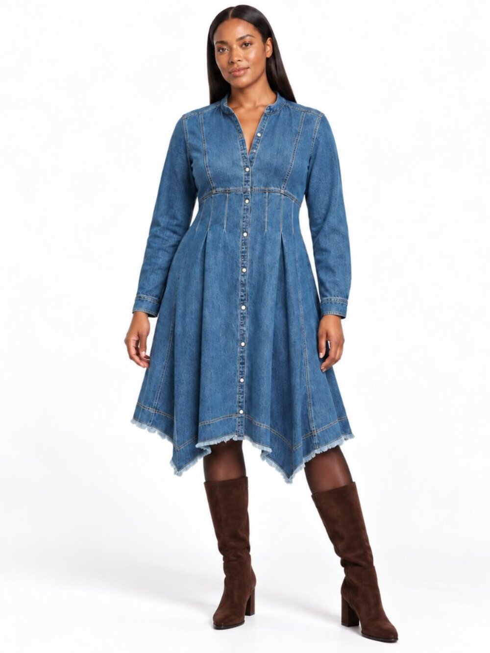 Anthropologie Pilcro Blue Denim Button Front Fit and Flare Shirt Dress Raw Hem
